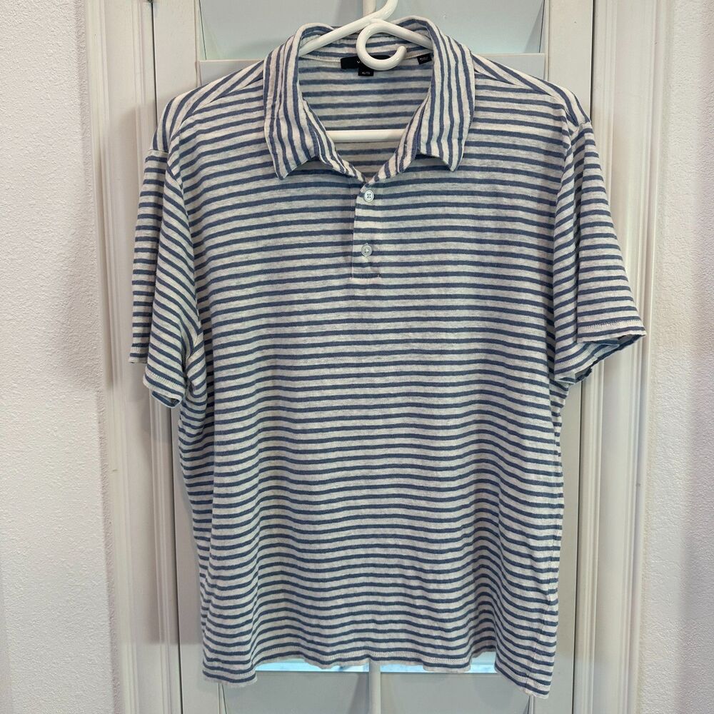 Vince Blue‎ White Horizontal Striped Short Sleeve Slub Knit Polo Shirt Size XL